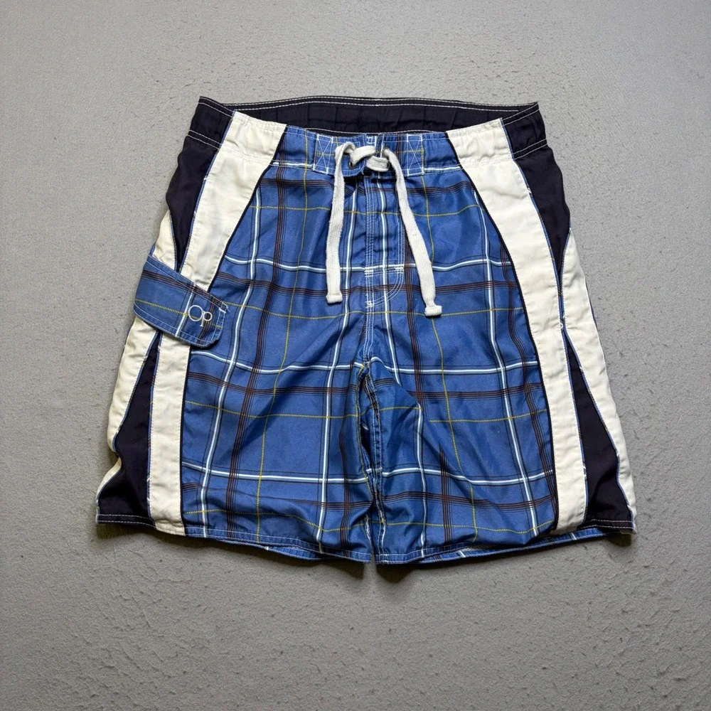 Ocean Pacific Board Shorts Mens Small Blue Plaid Y2K Cargo Swim Trunks